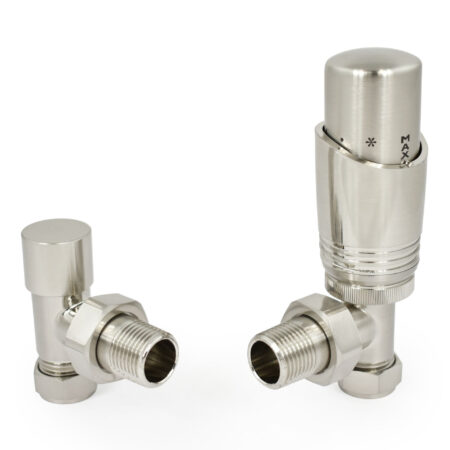 Caldo Brushed Satin Nickel Thermostatic Radiator Valves - includes an Angled TRV & Lockshield Valve