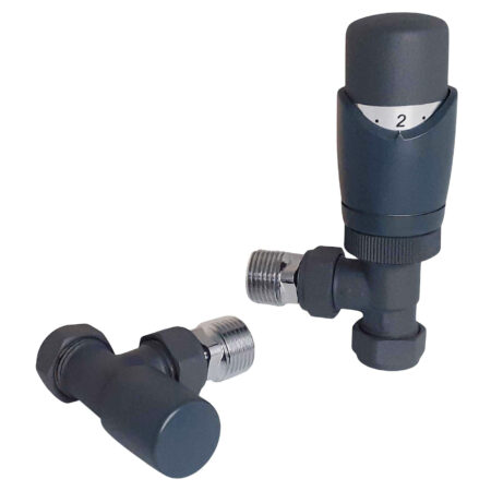 Caldo Anthracite Thermostatic Radiator Valves - includes an Angled TRV & Lockshield Valve