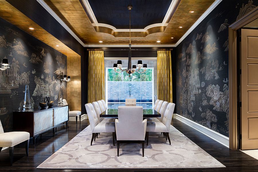 Mediterranean dining room in black and gold with modern vibe